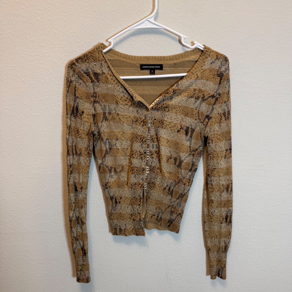 Express Design Studio Cardigan‎ XS Snakeskin Print Metallic Knit Sweater